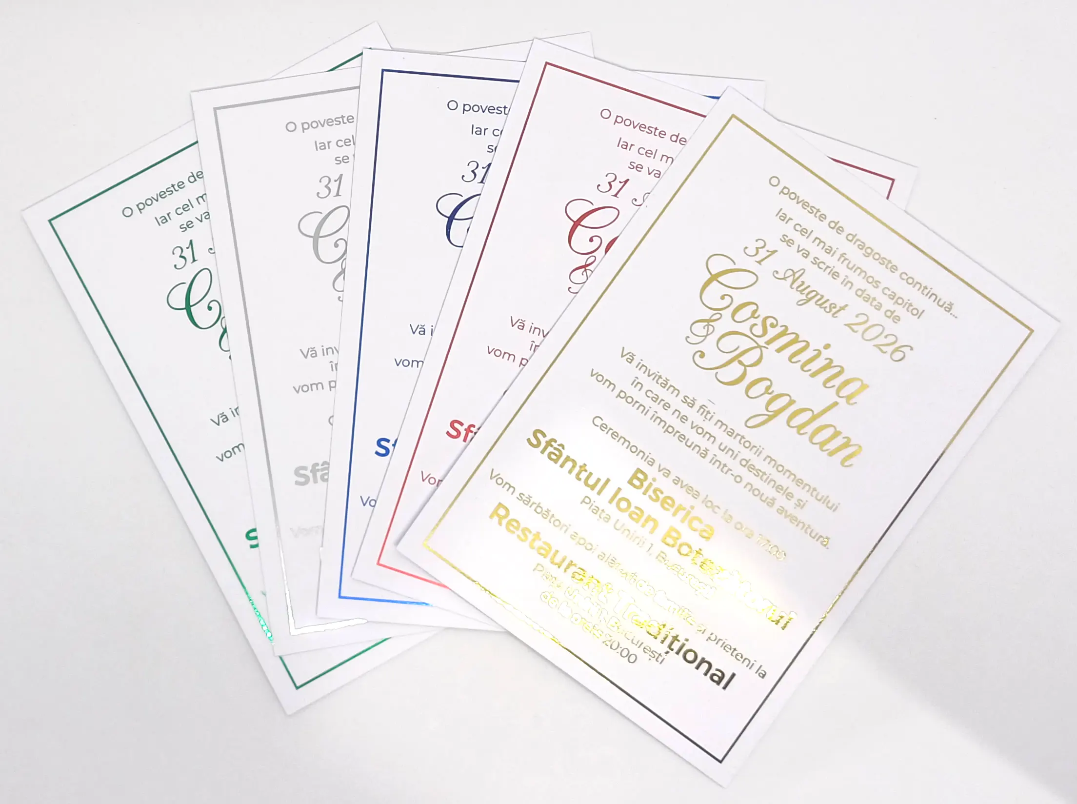 Papetarie si organizare nunta - Invitatie Nunta Model 10 scris auriu, argintiu, rosu, verde, albastru