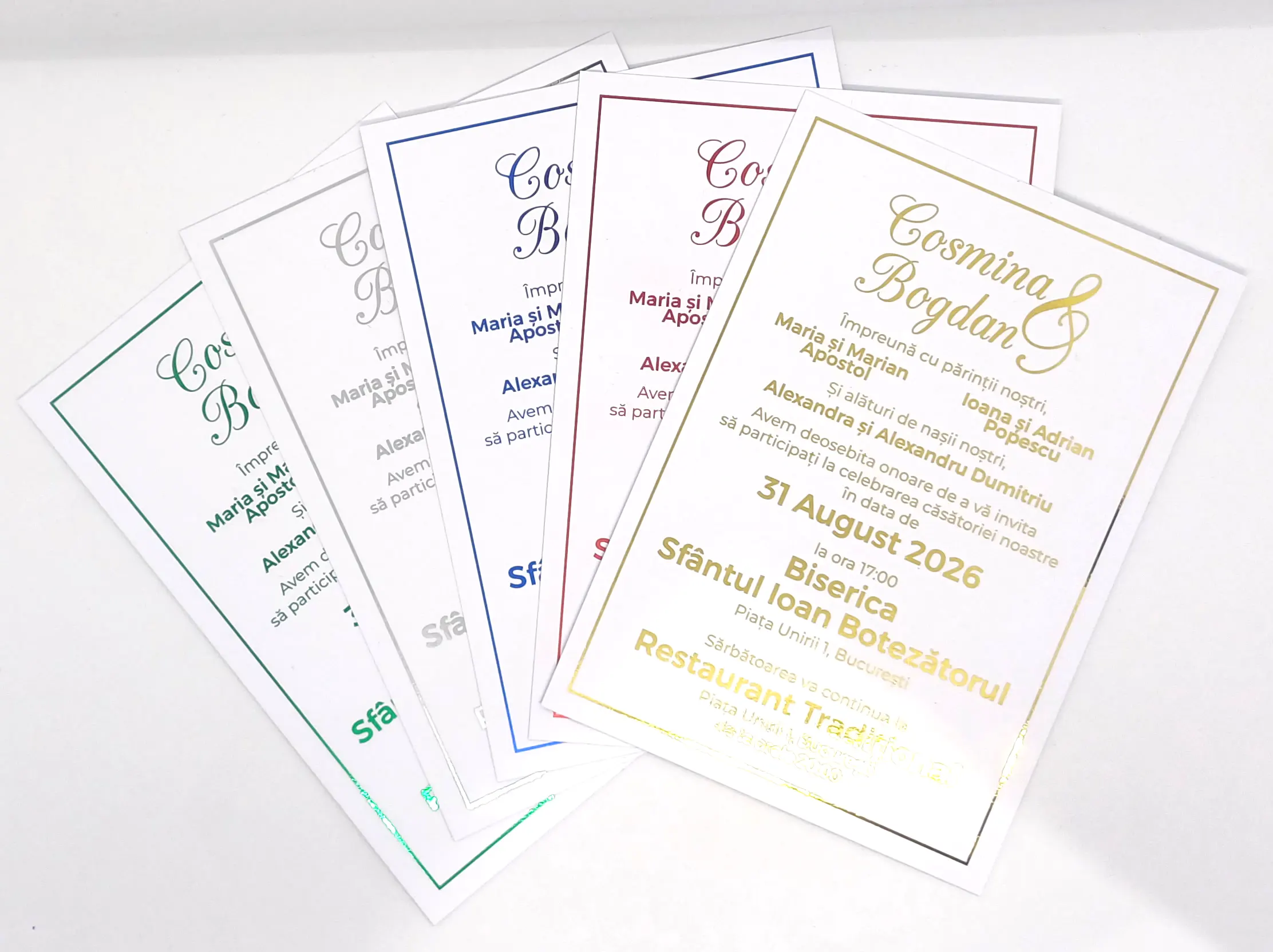 Invitatii Premium pentru Nunta - Invitatie Nunta Model 11 scris auriu, argintiu, rosu, verde, albastru