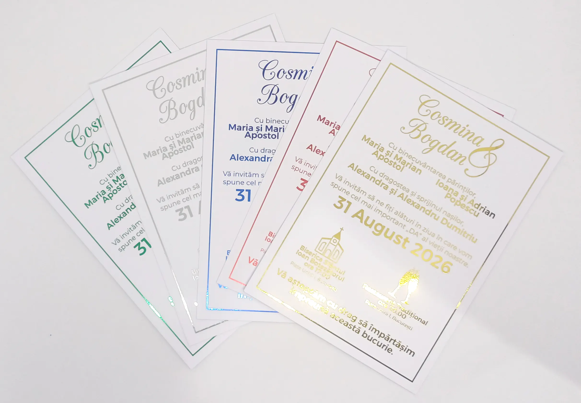 Invitatii Premium pentru Nunta - Invitatie Nunta Model 12 scris auriu, argintiu, rosu, verde, albastru