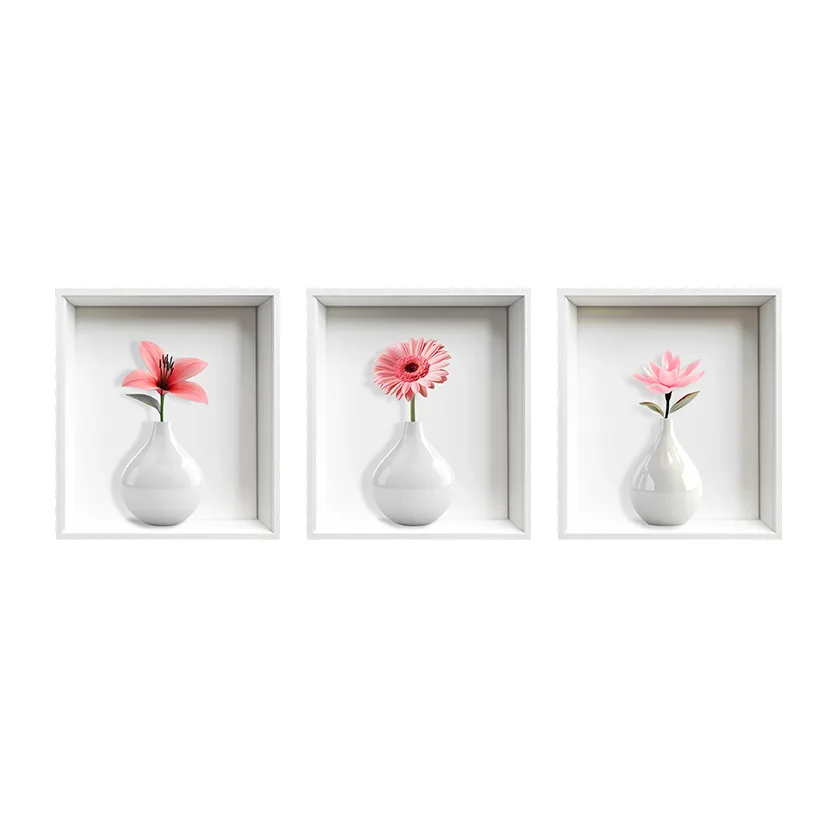 Stickere Decorative Model Floral - Set 3 Stickere Decorative Flori în Vaze 3D – Autocolant PVC pentru Perete 33x37 cm