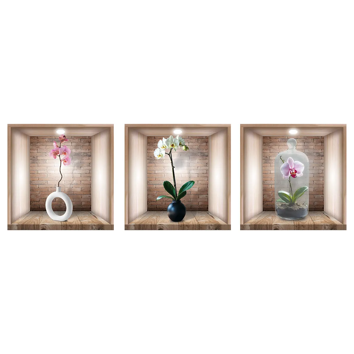 Stickere Decorative Model Floral - Set 3 Stickere Decorative de Perete - Orhidee Lemn, Efect 3D, 30x30 cm