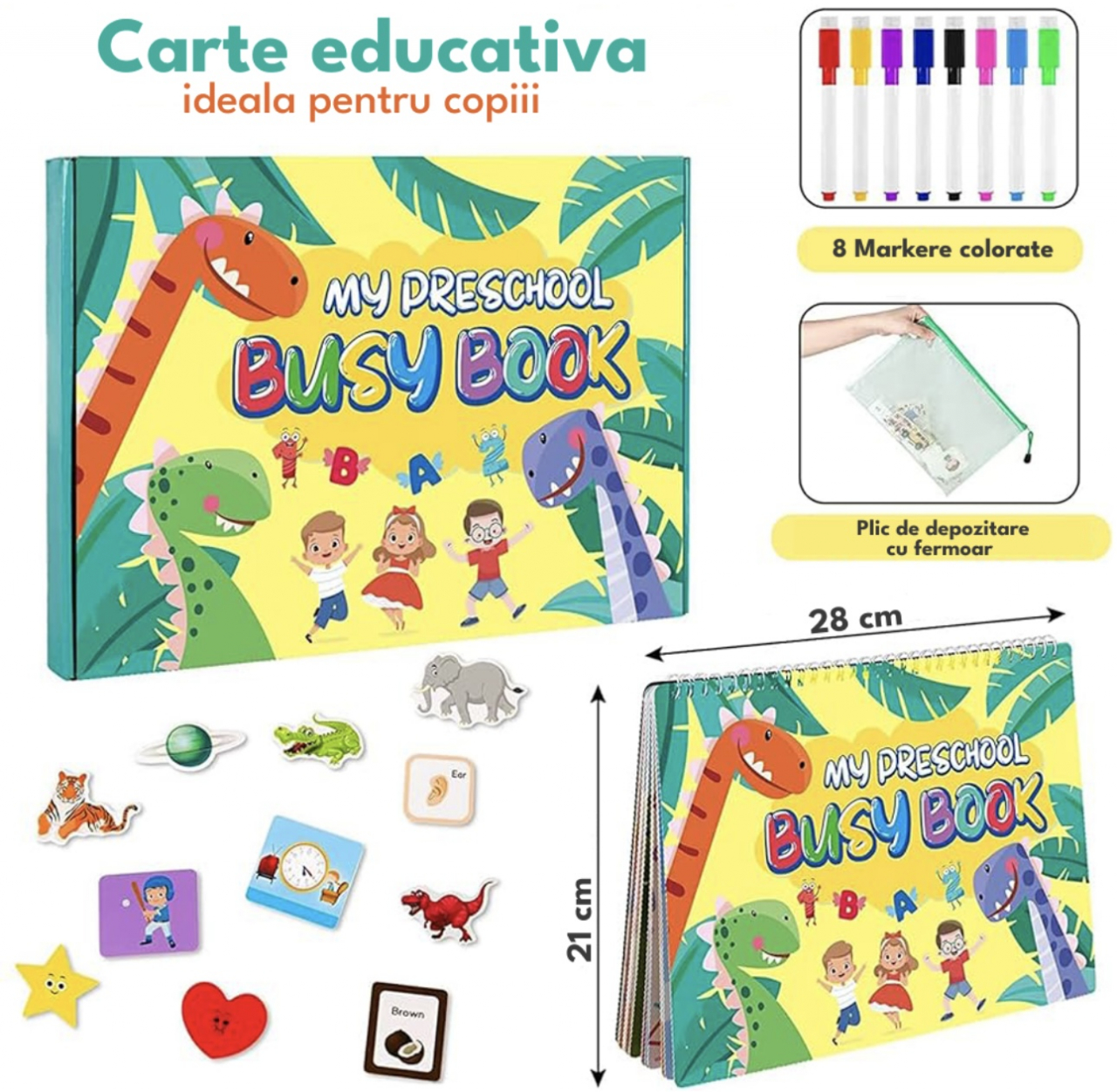 1+1 Gratuit Carte activitati educative Dinozauri + Carte cu activitati educative, Stickere reutilizabile si Markere colorate [8]
