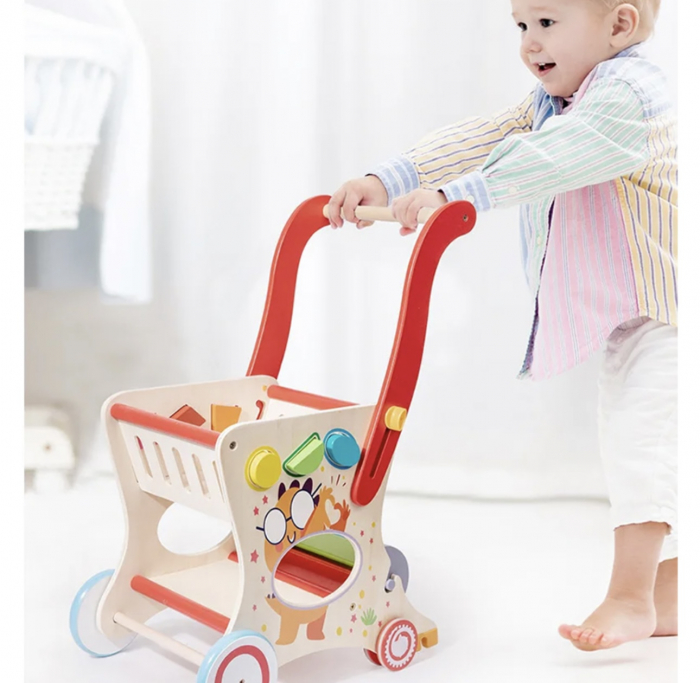 Carucior, premergator si cos de cumparaturi pentru copii, din lemn, Montessori, 3 in 1 [6]