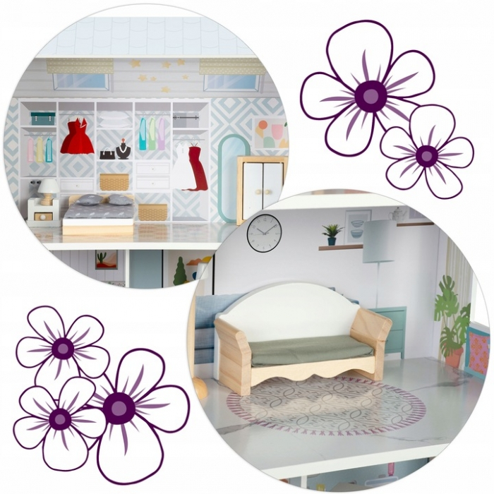 Casuta de papusi din lemn cu 3 etaje, mobilier inclus, 60 x 24 x 70 cm, Ricokids RK-878 - Albastru deschis [3]