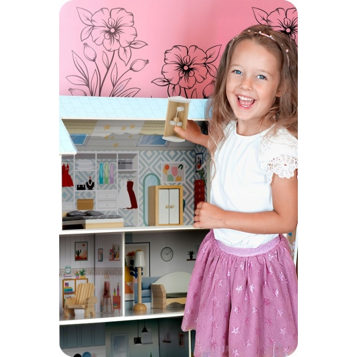 Casuta de papusi din lemn cu 3 etaje, mobilier inclus, 60 x 24 x 70 cm, Ricokids RK-878 - Albastru deschis [5]