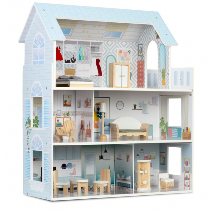 Casuta de papusi din lemn cu 3 etaje, mobilier inclus, 60 x 24 x 70 cm, Ricokids RK-878 - Albastru deschis [2]