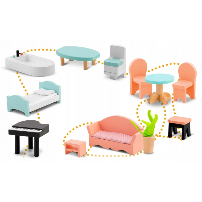 Casuta de papusi din lemn cu 3 etaje, mobilier inclus, 60 x 24 x 70 cm, Ricokids RK-878 - Roz [7]