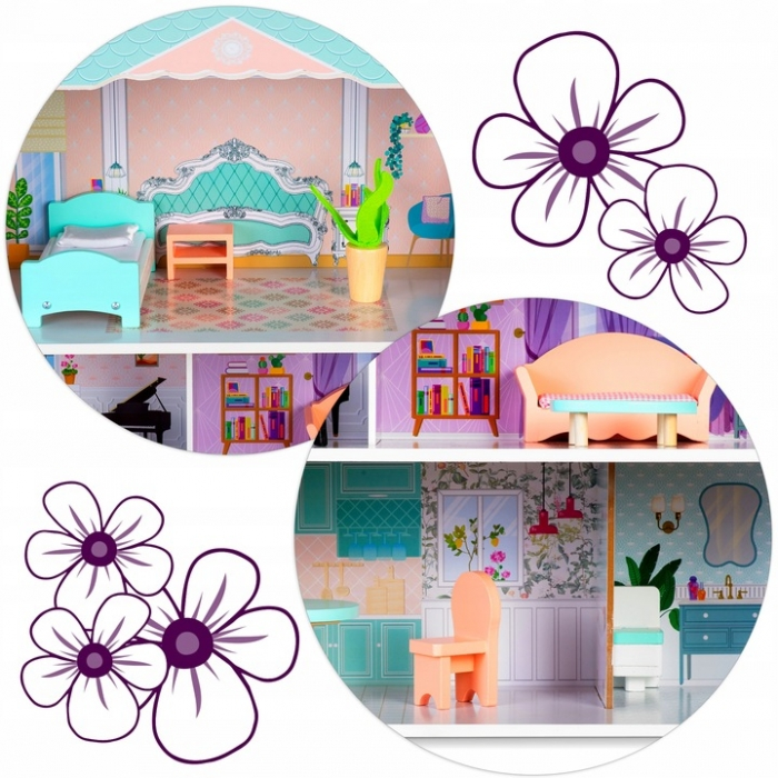 Casuta de papusi din lemn cu 3 etaje, mobilier inclus, 60 x 24 x 70 cm, Ricokids RK-878 - Roz [3]
