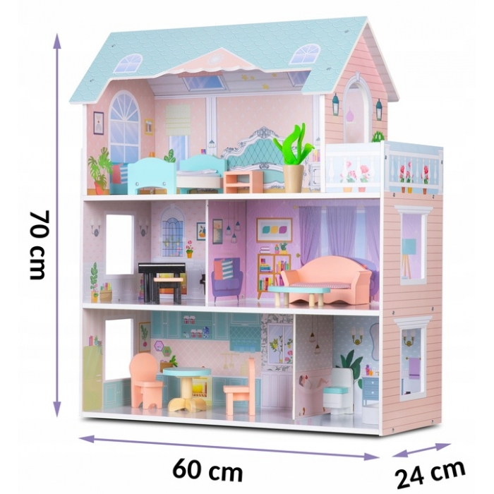 Casuta de papusi din lemn cu 3 etaje, mobilier inclus, 60 x 24 x 70 cm, Ricokids RK-878 - Roz [8]