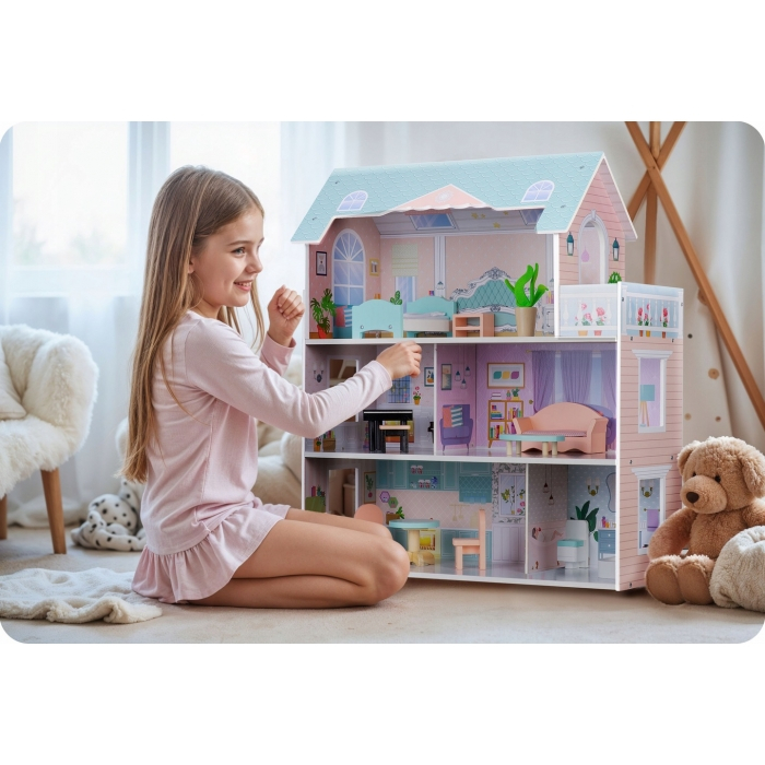 Casuta de papusi din lemn cu 3 etaje, mobilier inclus, 60 x 24 x 70 cm, Ricokids RK-878 - Roz [4]