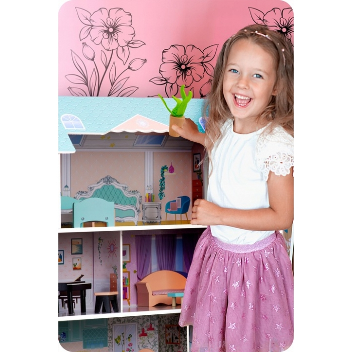 Casuta de papusi din lemn cu 3 etaje, mobilier inclus, 60 x 24 x 70 cm, Ricokids RK-878 - Roz [5]