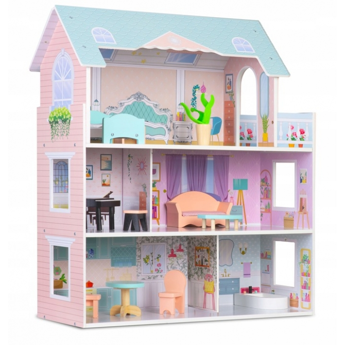 Casuta de papusi din lemn cu 3 etaje, mobilier inclus, 60 x 24 x 70 cm, Ricokids RK-878 - Roz [2]