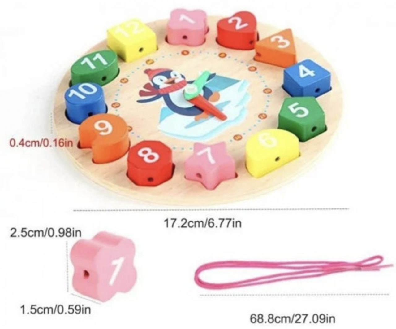 Ceas puzzle din lemn Montessori și jucărie de înșiruit pinguin Digital Geometry clock [3]