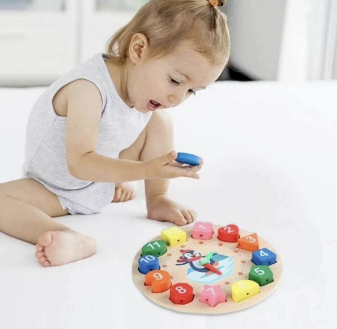 Ceas puzzle din lemn Montessori și jucărie de înșiruit pinguin Digital Geometry clock [2]