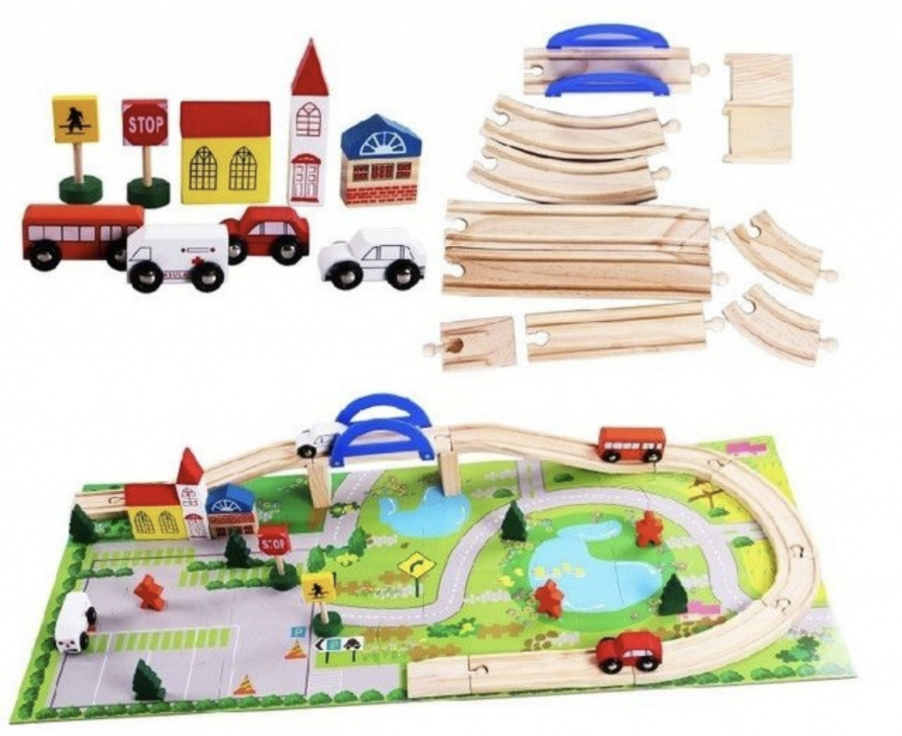 Circuit din lemn Rail Overpass cu masinute si covoras puzzle, 40 piese, multicolor [2]