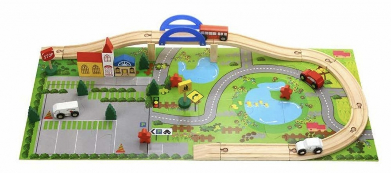 Circuit din lemn Rail Overpass cu masinute si covoras puzzle, 40 piese, multicolor [4]
