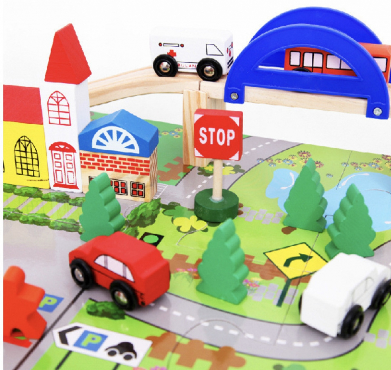 Circuit din lemn Rail Overpass cu masinute si covoras puzzle, 40 piese, multicolor [3]