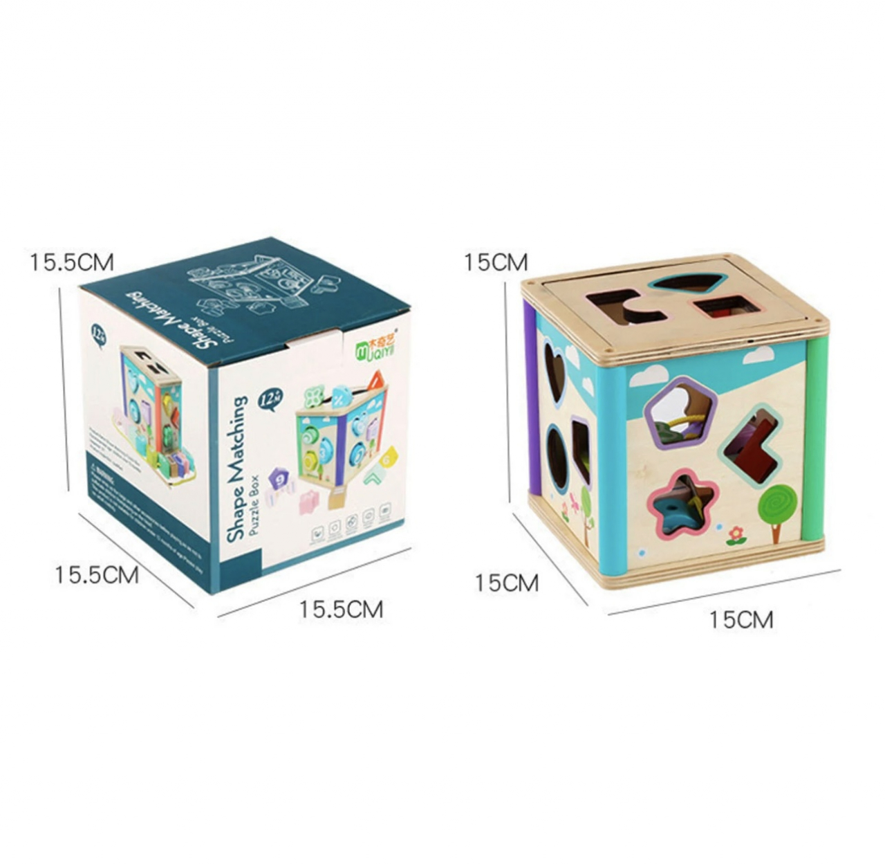 Cub educativ din lemn cu forme geometrice si joc snuruit Shape Matching [2]