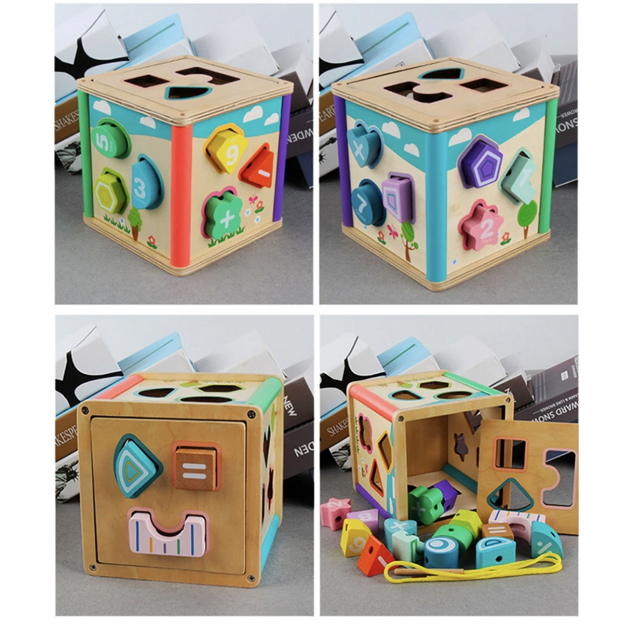 Cub educativ din lemn cu forme geometrice si joc snuruit Shape Matching [3]
