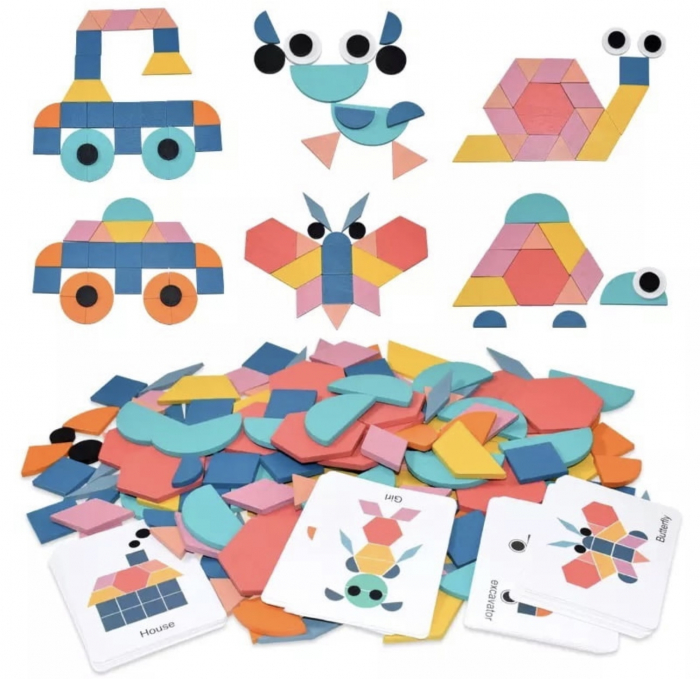 Joc educativ Tangram din lemn cu 180 piese, 3 ani [3]