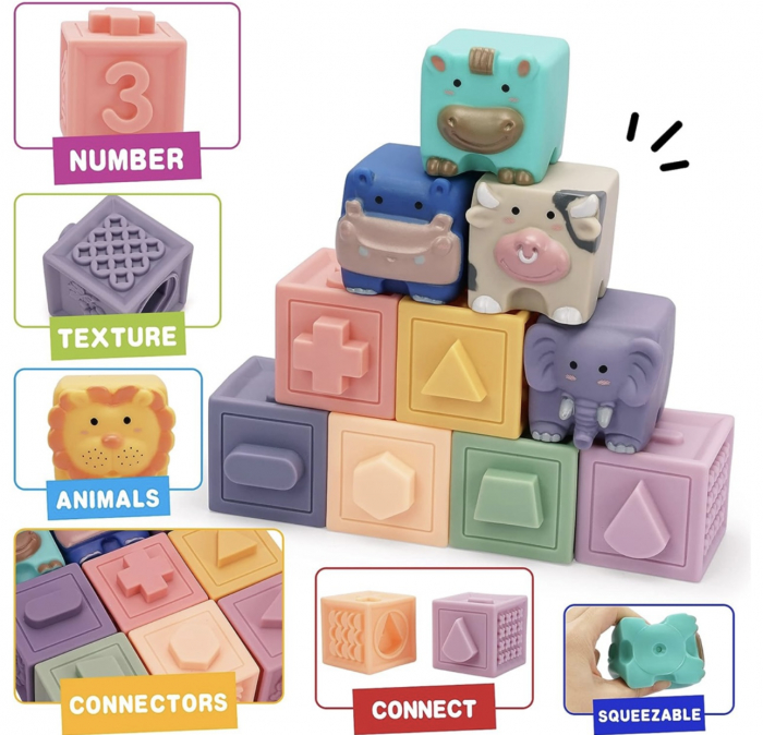 Set 12 Cuburi moi si senzoriale pentru bebelusi cu animale si texturi Soft Blocks [5]