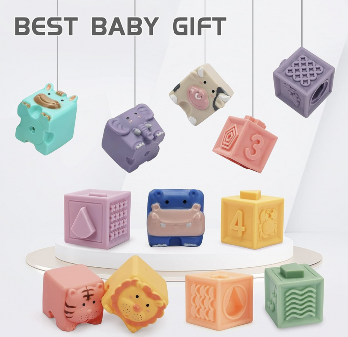 Set 12 Cuburi moi si senzoriale pentru bebelusi cu animale si texturi Soft Blocks [3]