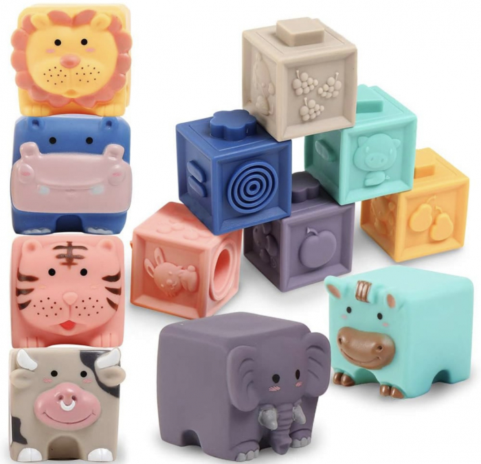 Set 12 Cuburi moi si senzoriale pentru bebelusi cu animale si texturi Soft Blocks [7]