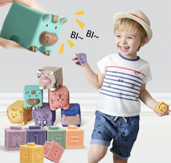 Set 12 Cuburi moi si senzoriale pentru bebelusi cu animale si texturi Soft Blocks [4]