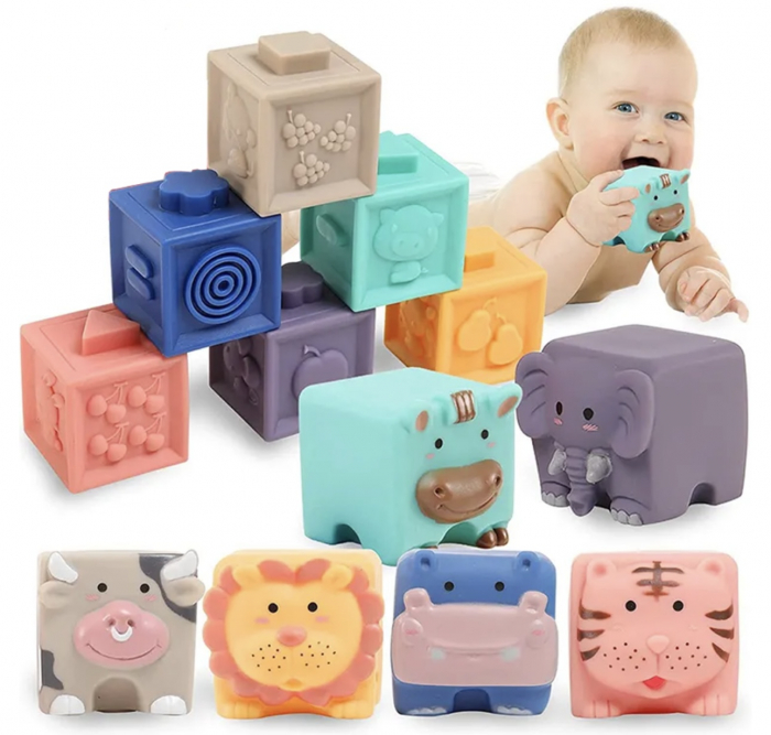 Set 12 Cuburi moi si senzoriale pentru bebelusi cu animale si texturi Soft Blocks [6]