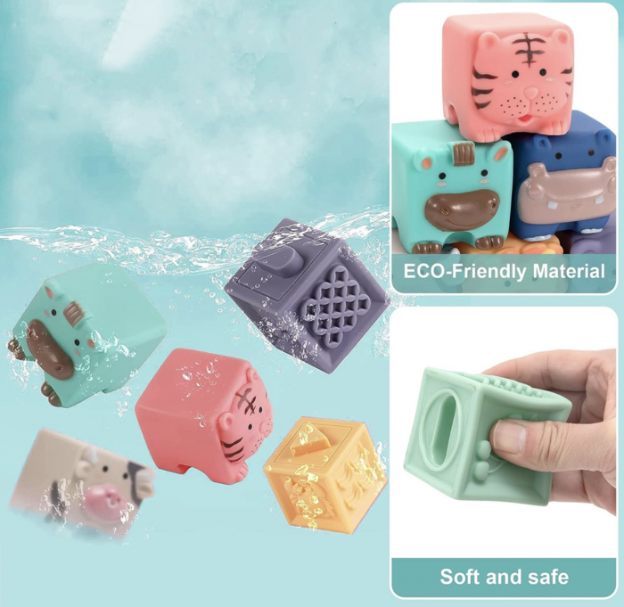 Set 12 Cuburi moi si senzoriale pentru bebelusi cu animale si texturi Soft Blocks [2]