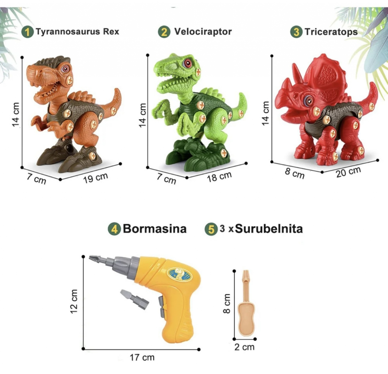 Set 3 dinozauri de asamblat Joc STEM cu bormasina electrica de jucarie [2]