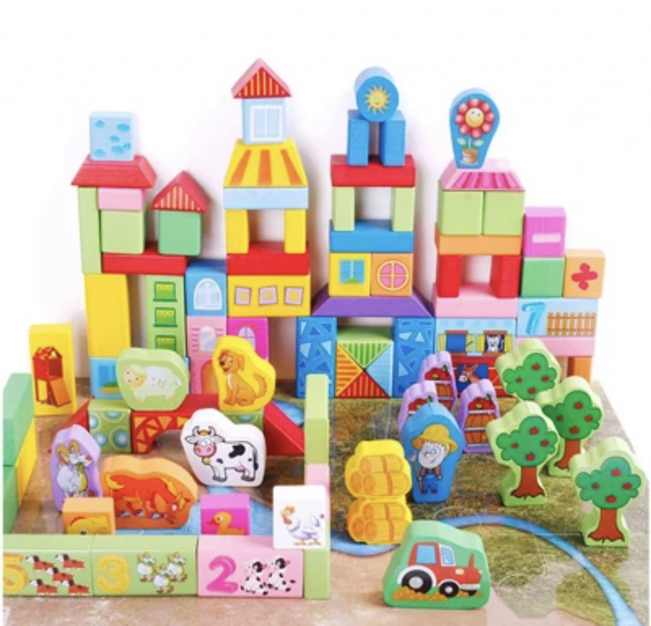 Set cuburi din lemn pentru construit, 100 piese, Ferma animalelor [2]