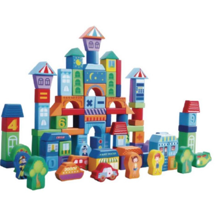 Set educational cu blocuri din lemn 100 piese orasel Ecotoys SR19001 [1]