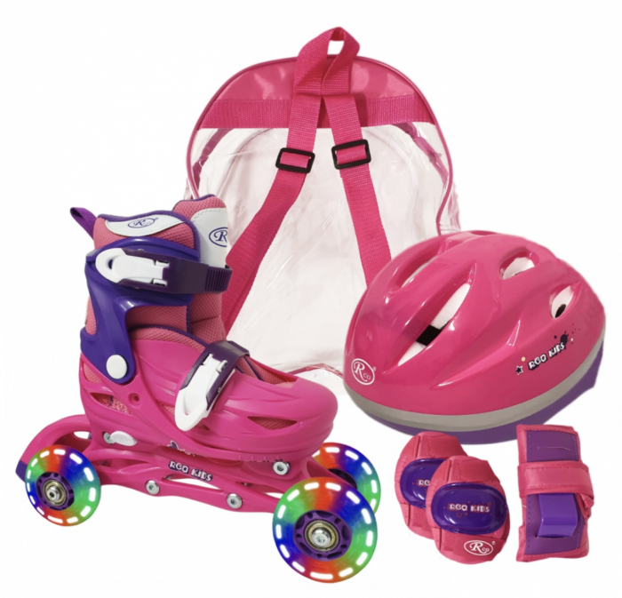 Set Role reglabile Fucsia 4 roti luminoase Casca protectie [1]