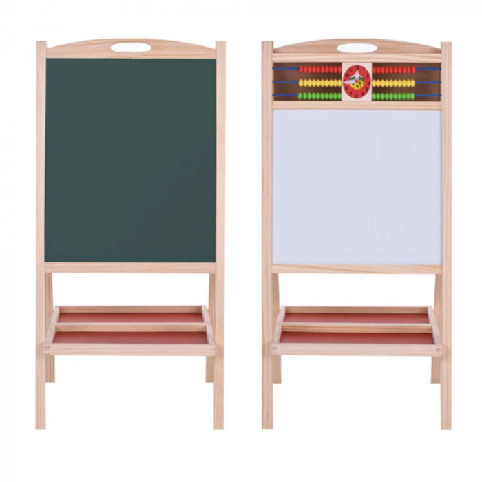 Tabla multifunctionala dubla din lemn, 90x45cm cu 2 fete + ceas, abacus set creta colorata si buretel [2]