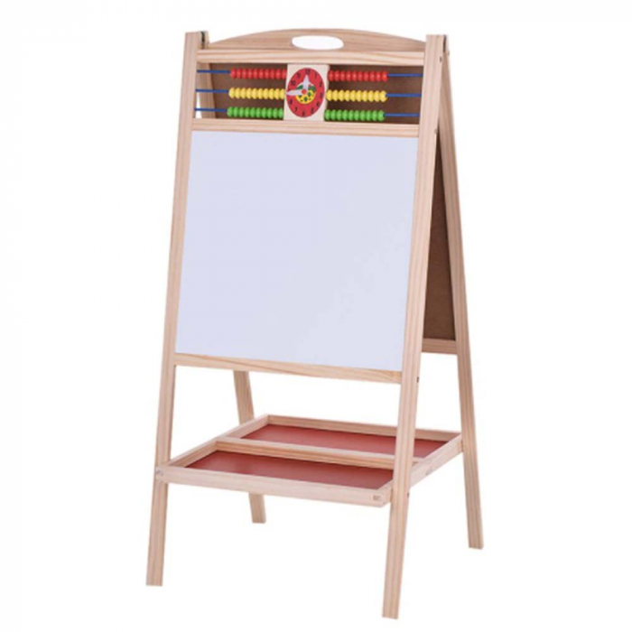 Tabla multifunctionala dubla din lemn, 90x45cm cu 2 fete + ceas, abacus set creta colorata si buretel [3]