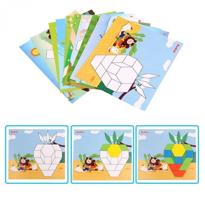 Tangram puzzle din lemn 250 piese colorate copii [2]
