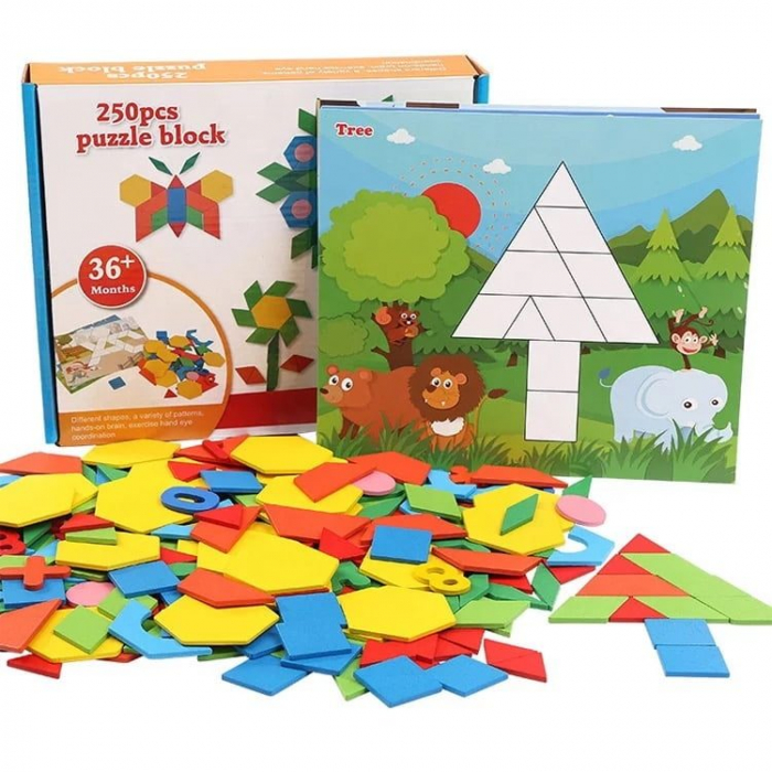 Tangram puzzle din lemn 250 piese colorate copii [1]
