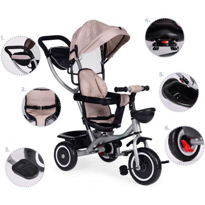 Tricicleta 2 in 1 pentru copii, scaun rotativ 360°, roti din spuma EVA, Ecotoys WQL-066-52 - Bej [8]