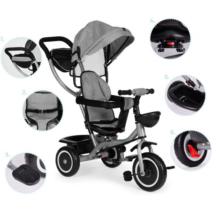 Tricicleta 2 in 1 pentru copii, scaun rotativ 360°, roti din spuma EVA, Ecotoys WQL-066-52 - Gri [8]