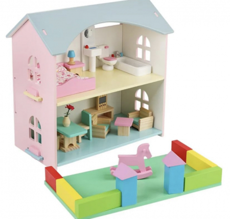 Case de Papusi - Casa de papusi din lemn, 33 cm, utilata si mobilata
