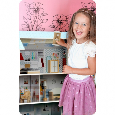 Casuta de papusi din lemn cu 3 etaje, mobilier inclus, 60 x 24 x 70 cm, Ricokids RK-878 - Albastru deschis [4]