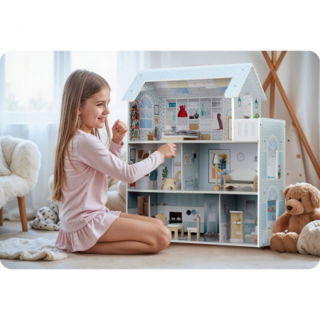 Casuta de papusi din lemn cu 3 etaje, mobilier inclus, 60 x 24 x 70 cm, Ricokids RK-878 - Albastru deschis [3]