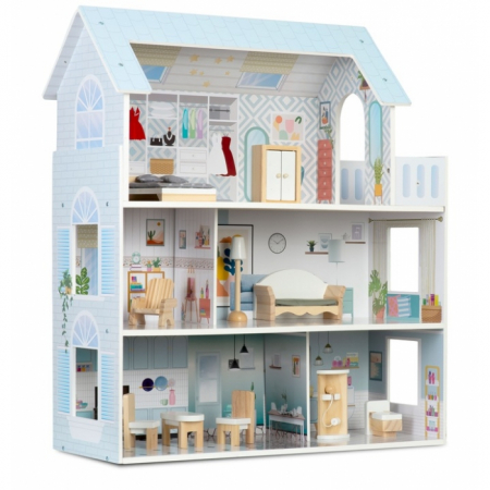 Casuta de papusi din lemn cu 3 etaje, mobilier inclus, 60 x 24 x 70 cm, Ricokids RK-878 - Albastru deschis [1]
