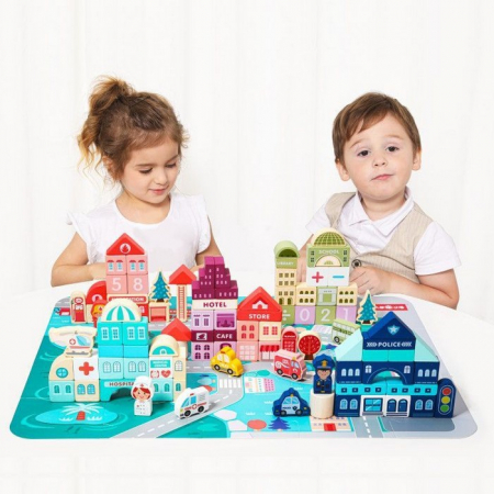 Centru de activitate orasel educational cu blocuri din lemn 121 piese Ecotoys MA427 [1]