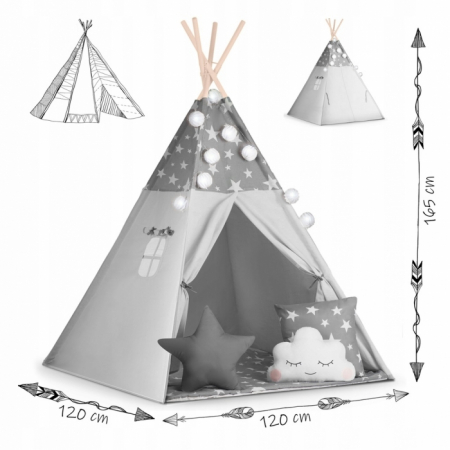 Cort de joaca pentru copii cu ghirlanda si lumini Nukido 120 x 120 x 165 cm - Gri cu stelute [7]