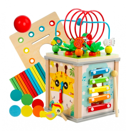 Centre de Activitati - Cub Educativ bebe, din lemn cu 10 in 1 activitati