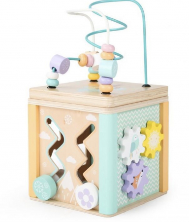 Jucarii Copii - Cub Educativ Montessori din lemn cu 5 in 1 activitati, 18 luni+