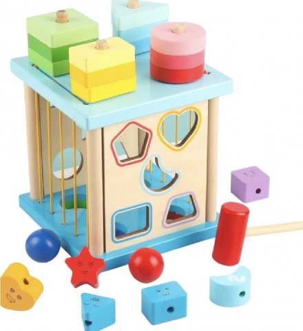 Jucarii Motrice si Senzoriale - Cub Motessori cu 4 activitati si forme geometrice