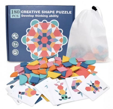 Puzzle pentru Copii 1-6 ani - Joc educativ Tangram din lemn cu 180 piese, 3 ani
